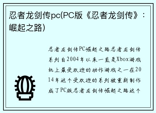 忍者龙剑传pc(PC版《忍者龙剑传》：崛起之路)